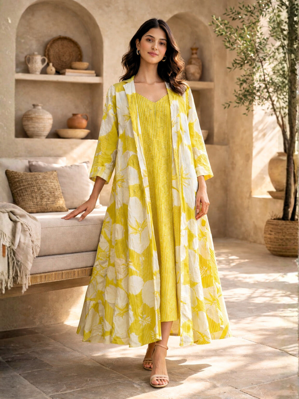 Mimosa Floral Pure Cotton Women's Strap Maxi with Robe