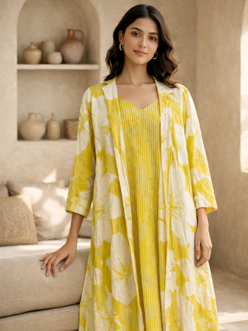 Mimosa Floral Pure Cotton Women's Strap Maxi with Robe