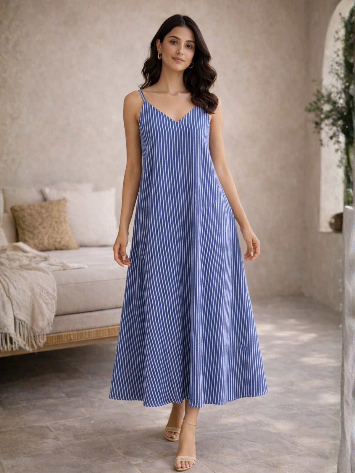 Blue Coastal Stripe Pure Cotton Women's V-Neck Night Maxi