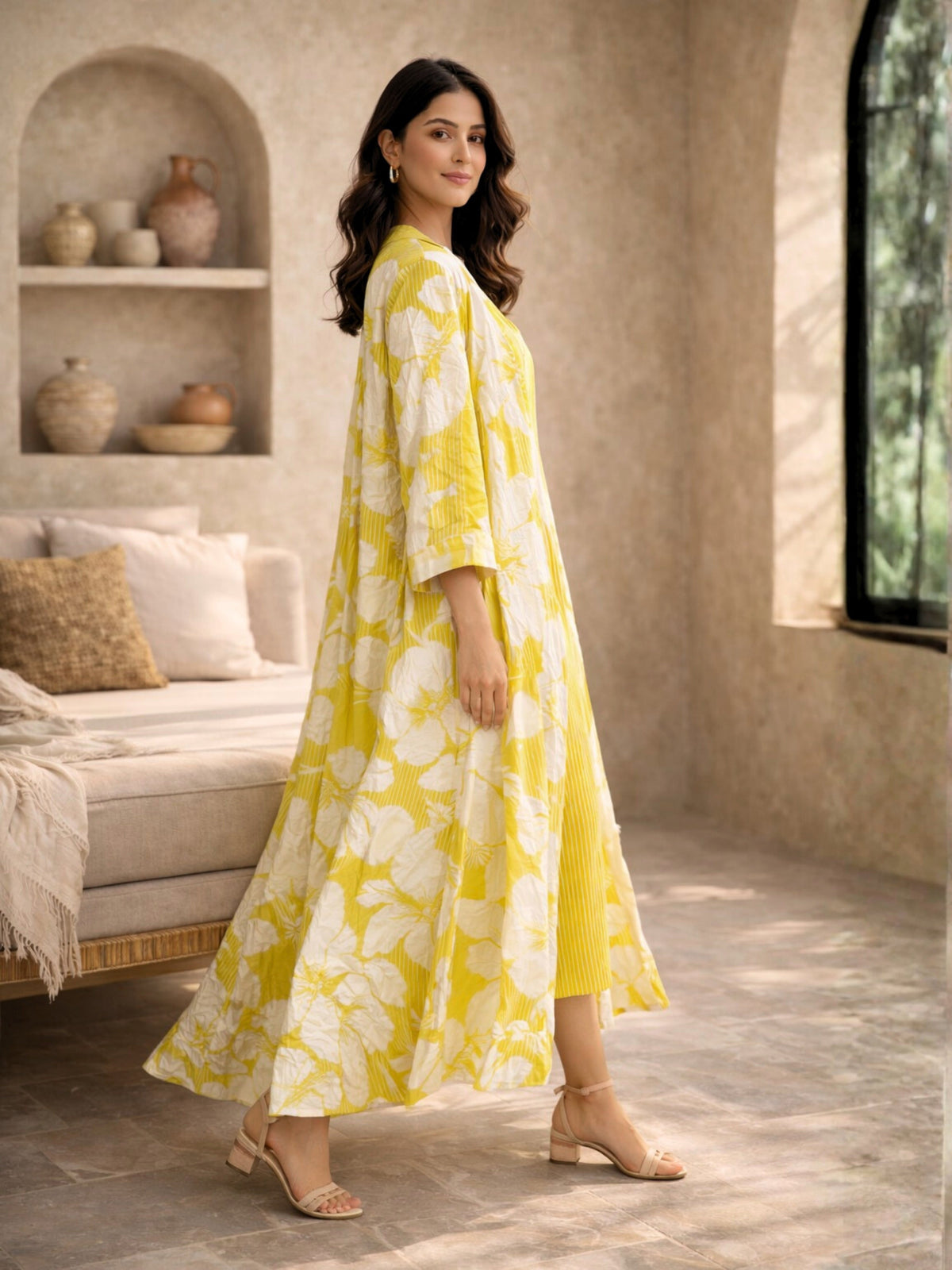 Mimosa Floral Pure Cotton Women's Strap Maxi with Robe