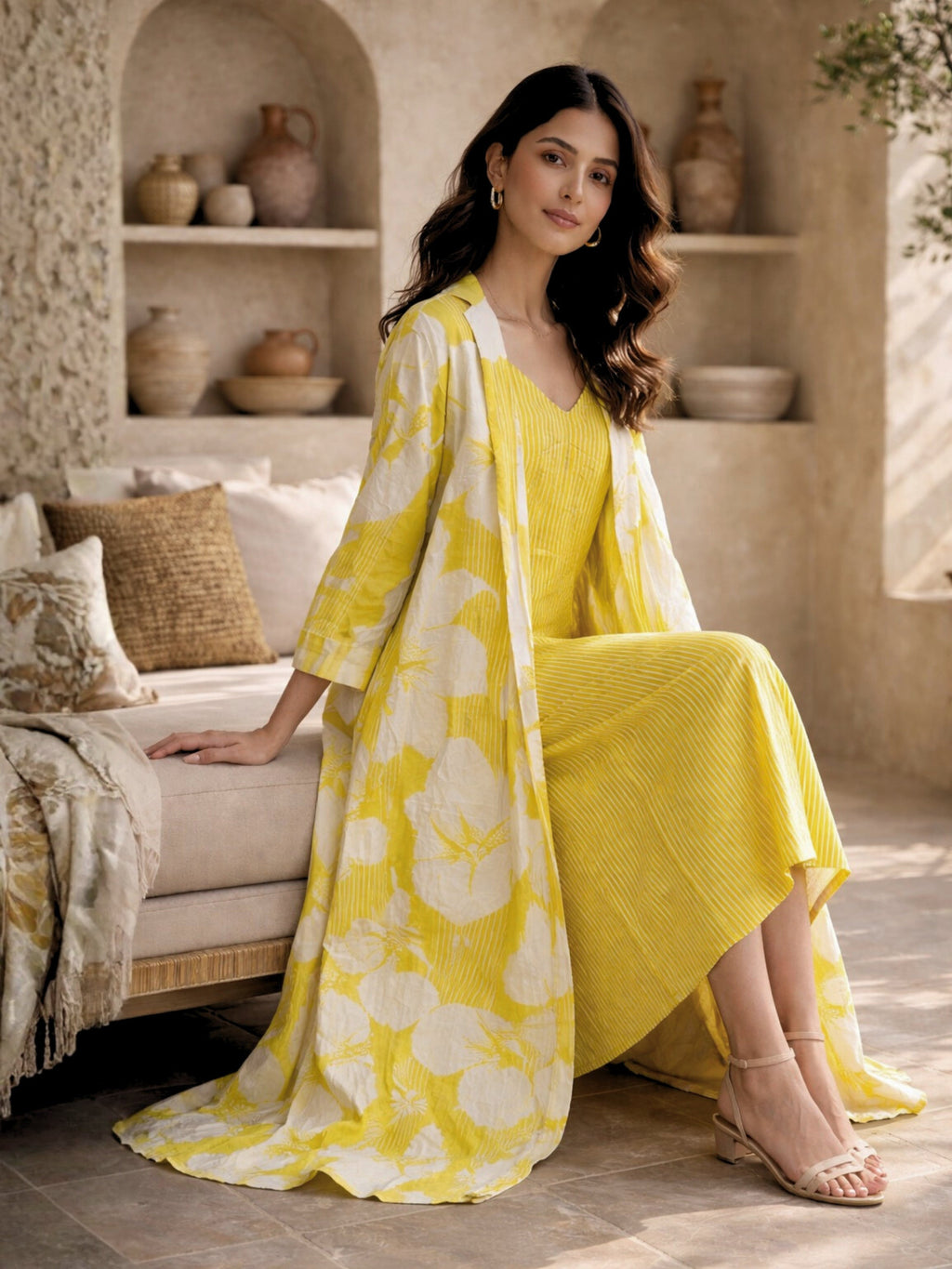 Mimosa Floral Pure Cotton Women's Strap Maxi with Robe