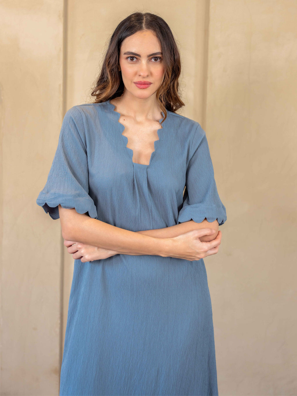 Light Blue Soft Crepe Scallop Night Maxi for Women