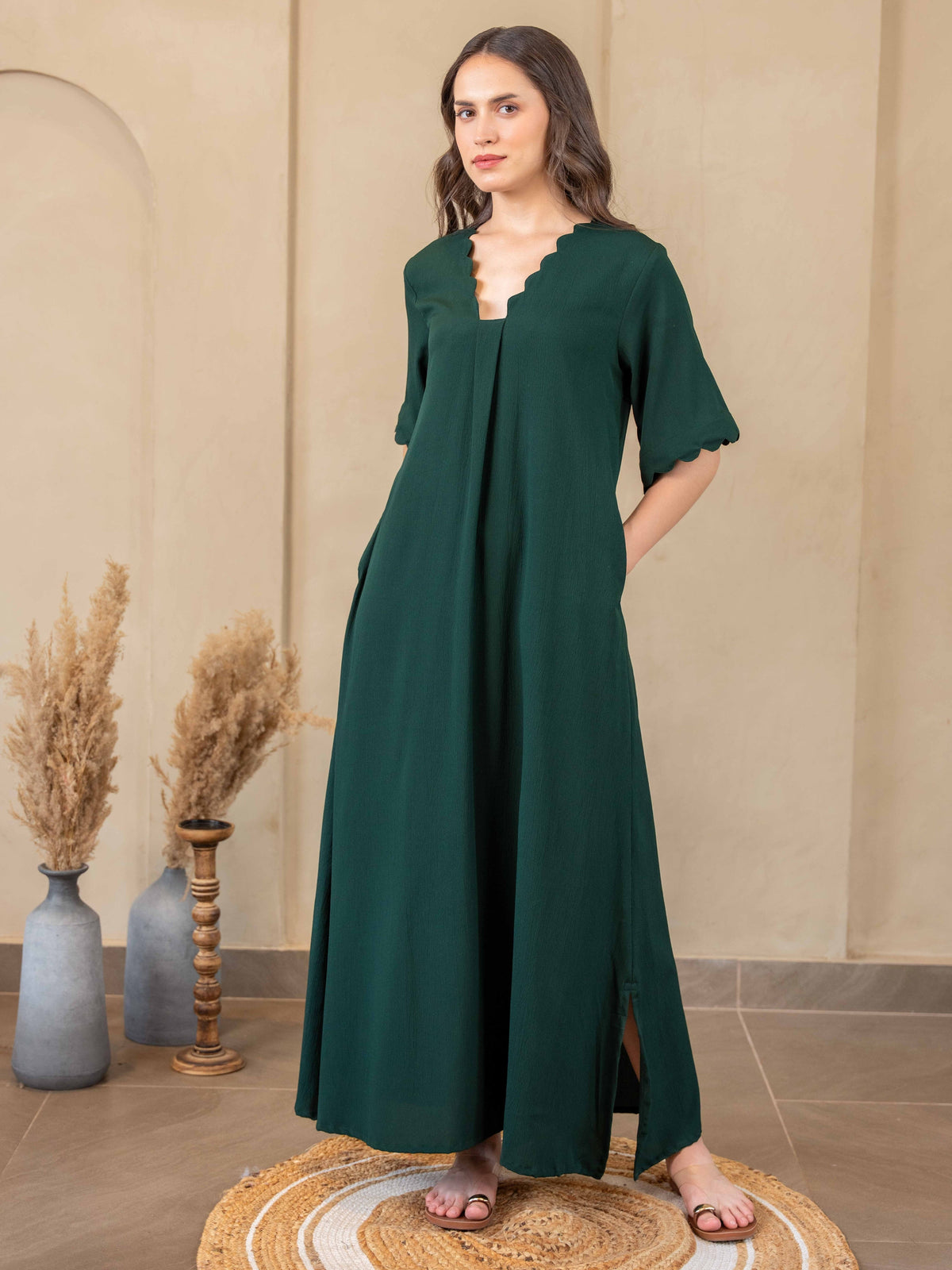 Emerald Soft Crepe Scallop Night Maxi for Women