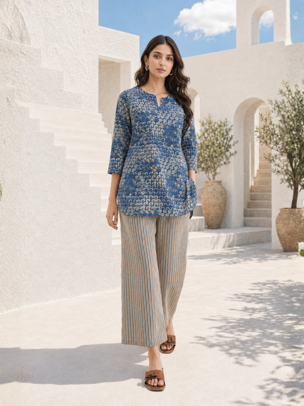 Indigo/Beige Pure Cotton Lounge Wear