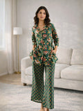 Green Leafy Charm Print Pure Cotton Collar Shirt Co-ord set