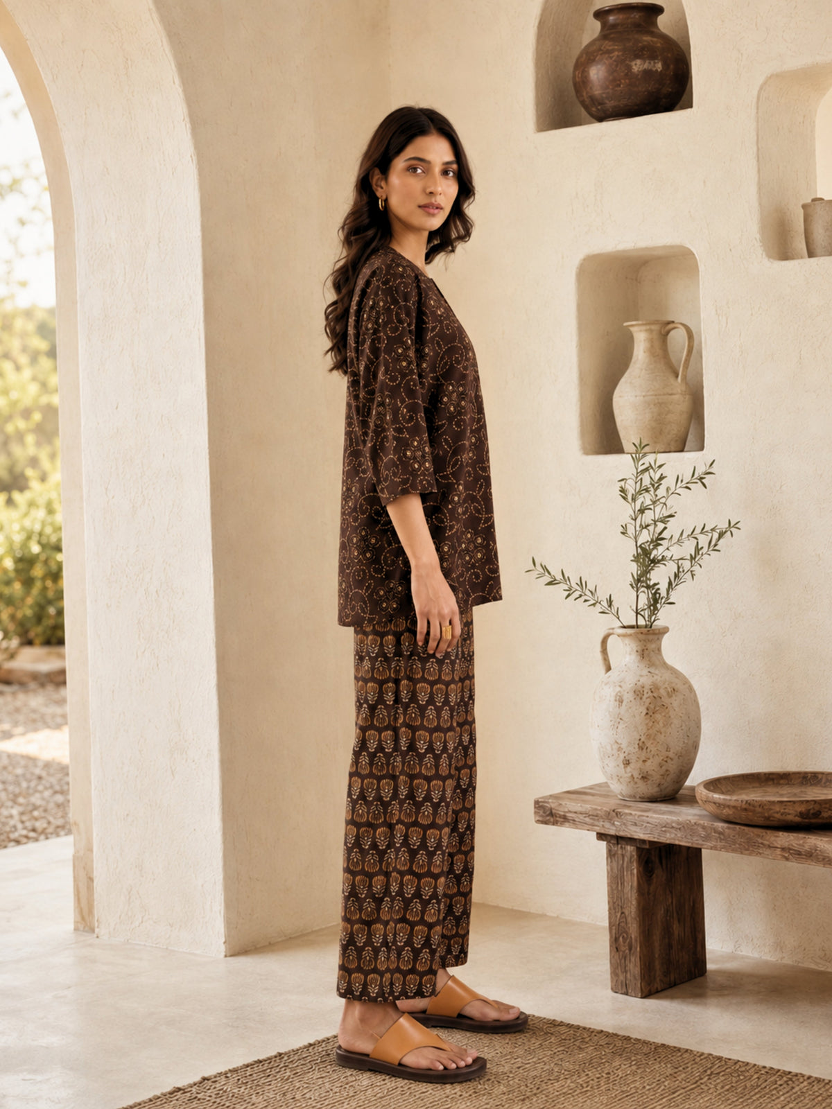 Brown Bandhani Jaal  Print Pure Cotton Round neck Co-ord set