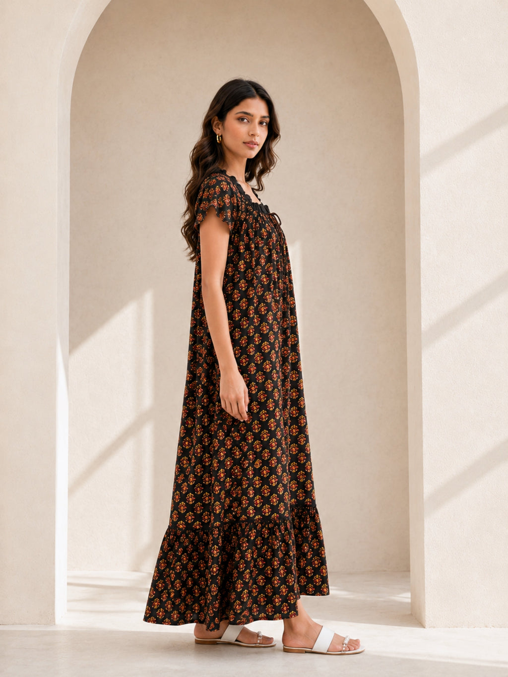 Black Buta Pure Cotton Tie-Up Square Neck Night Maxi for Women
