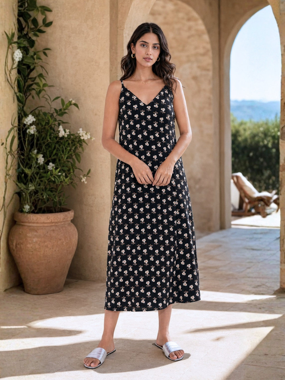 Black Ditsy Pure Cotton V-Neck Night Maxi for Women