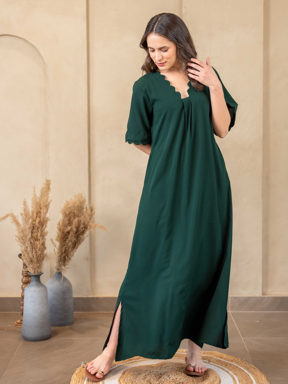 Emerald Soft Crepe Scallop Night Maxi for Women