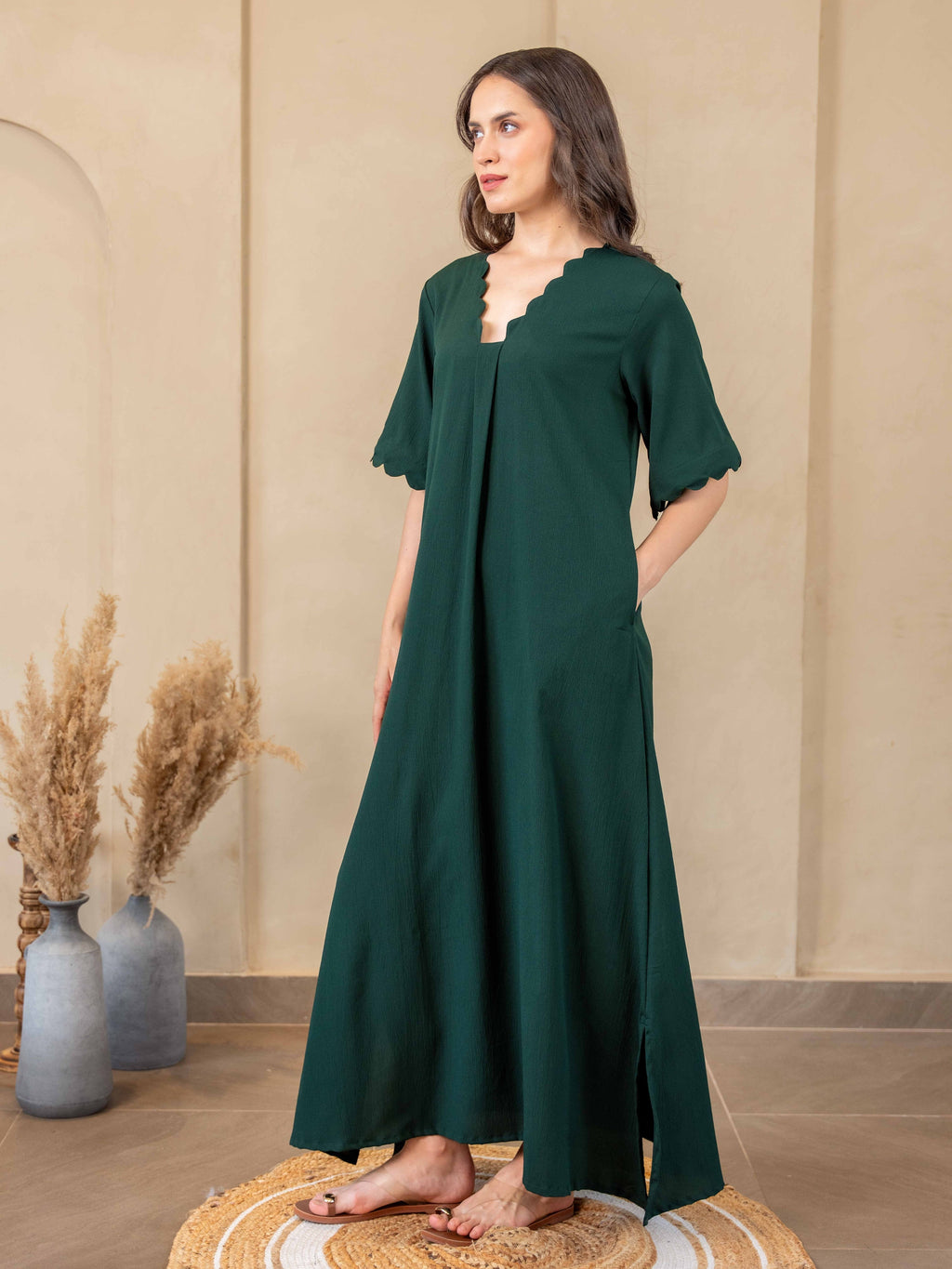 Emerald Soft Crepe Scallop Night Maxi for Women