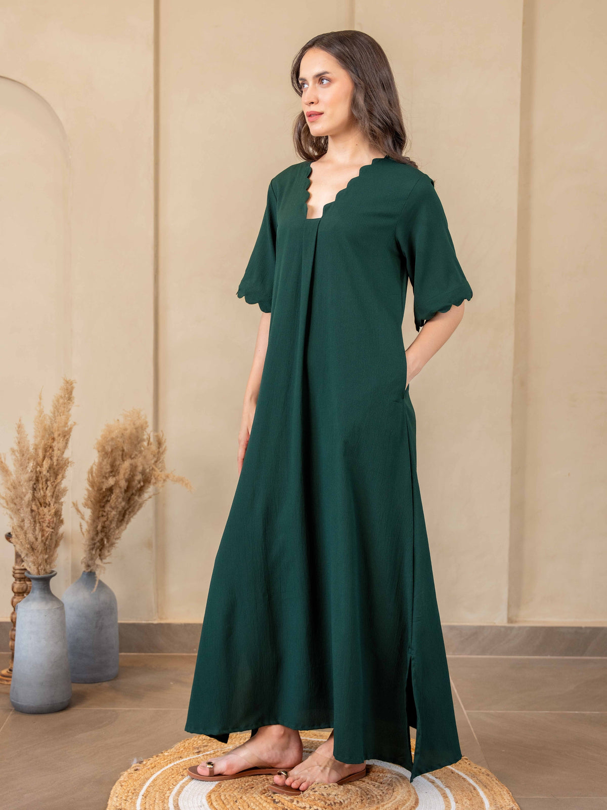 Emerald Soft Crepe Scallop Night Maxi for Women