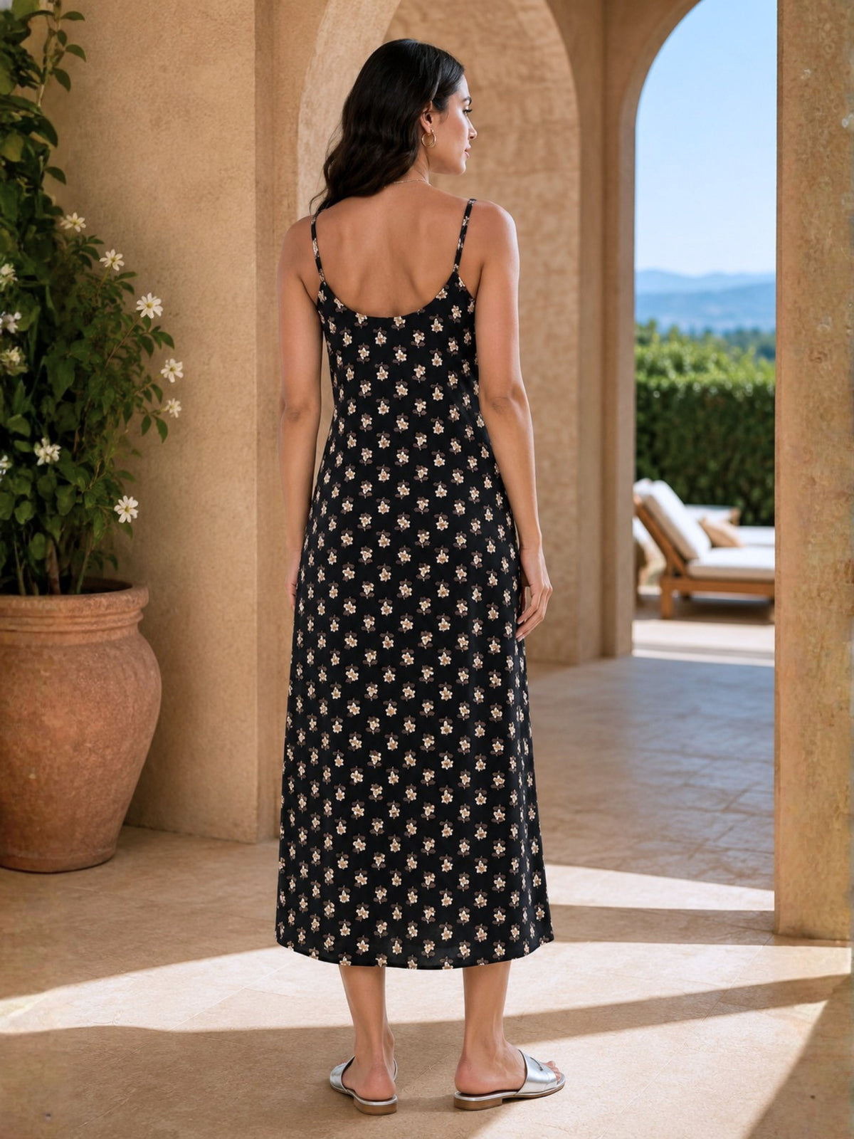 Black Ditsy Pure Cotton V-Neck Night Maxi for Women