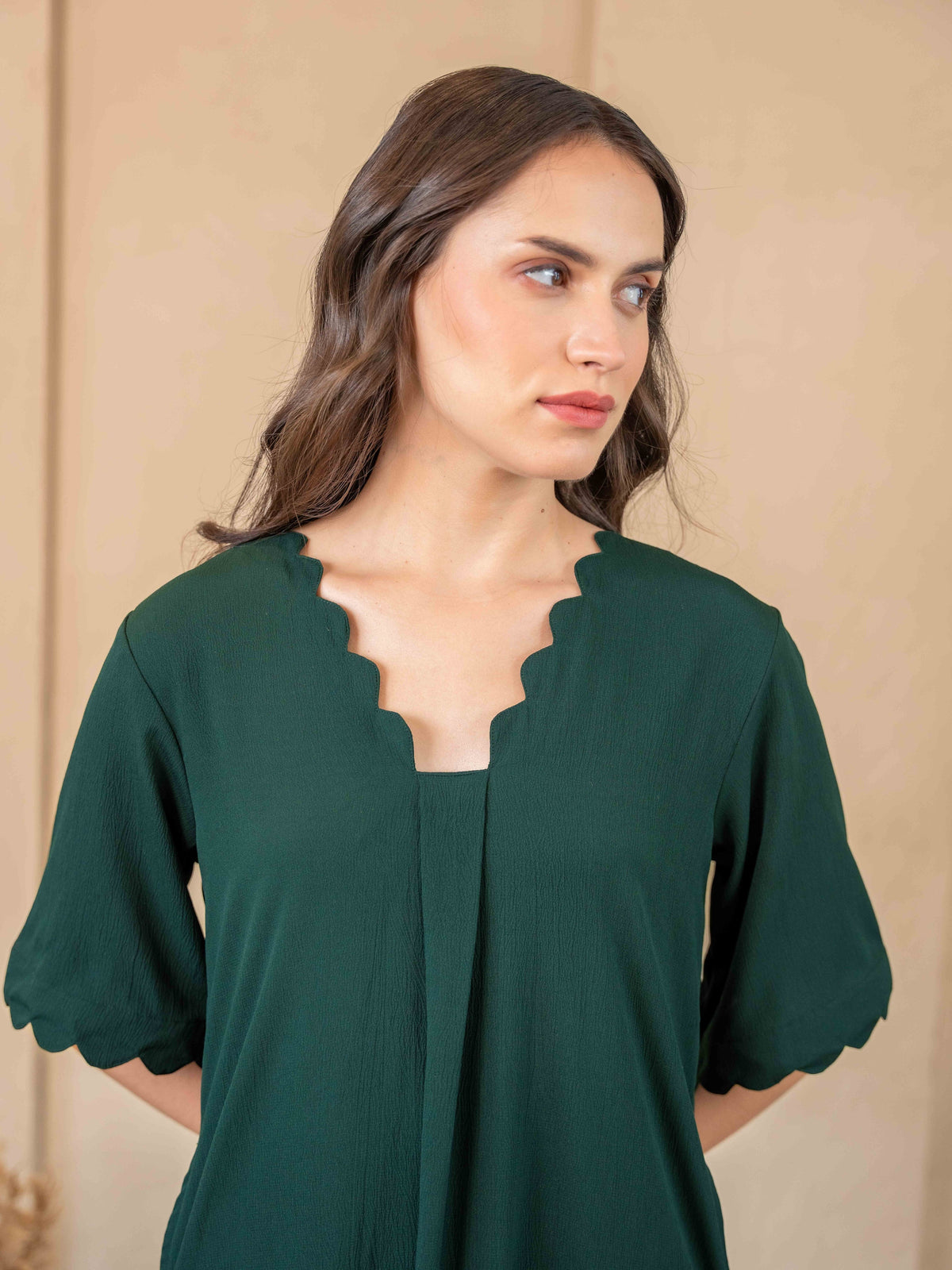 Emerald Soft Crepe Scallop Night Maxi for Women