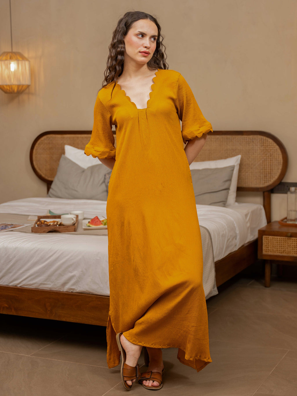 Mustard Soft Crepe Scallop Night Maxi for Women