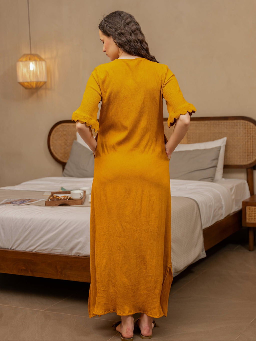 Mustard Soft Crepe Scallop Night Maxi for Women