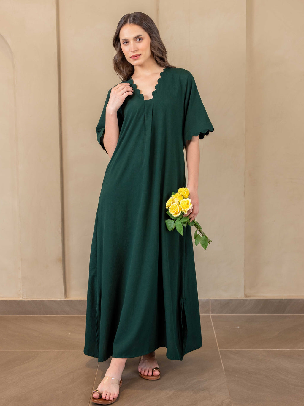 Emerald Soft Crepe Scallop Night Maxi for Women