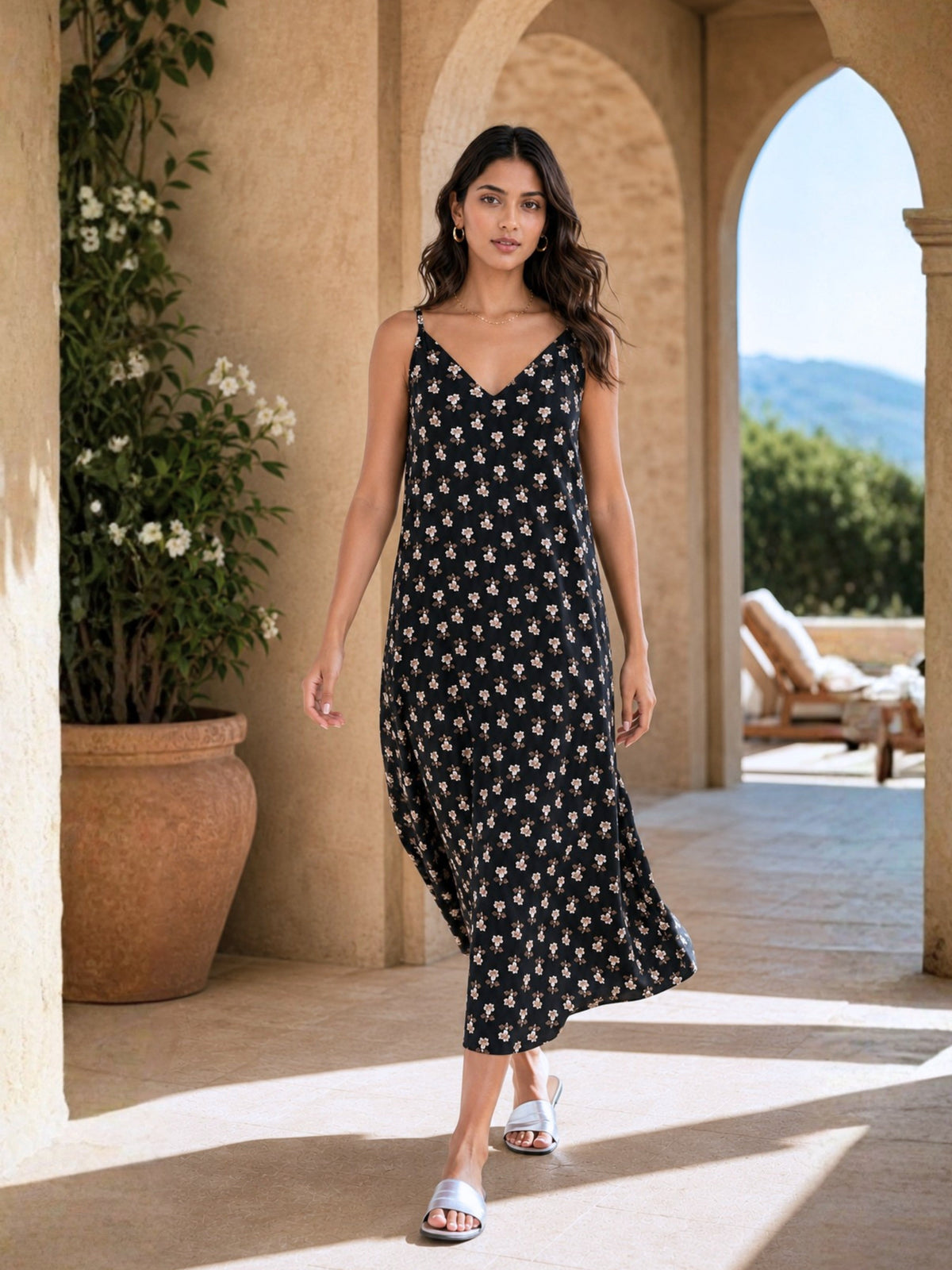 Black Serene Pure Cotton V-Neck Midi & Shrug Set for Women