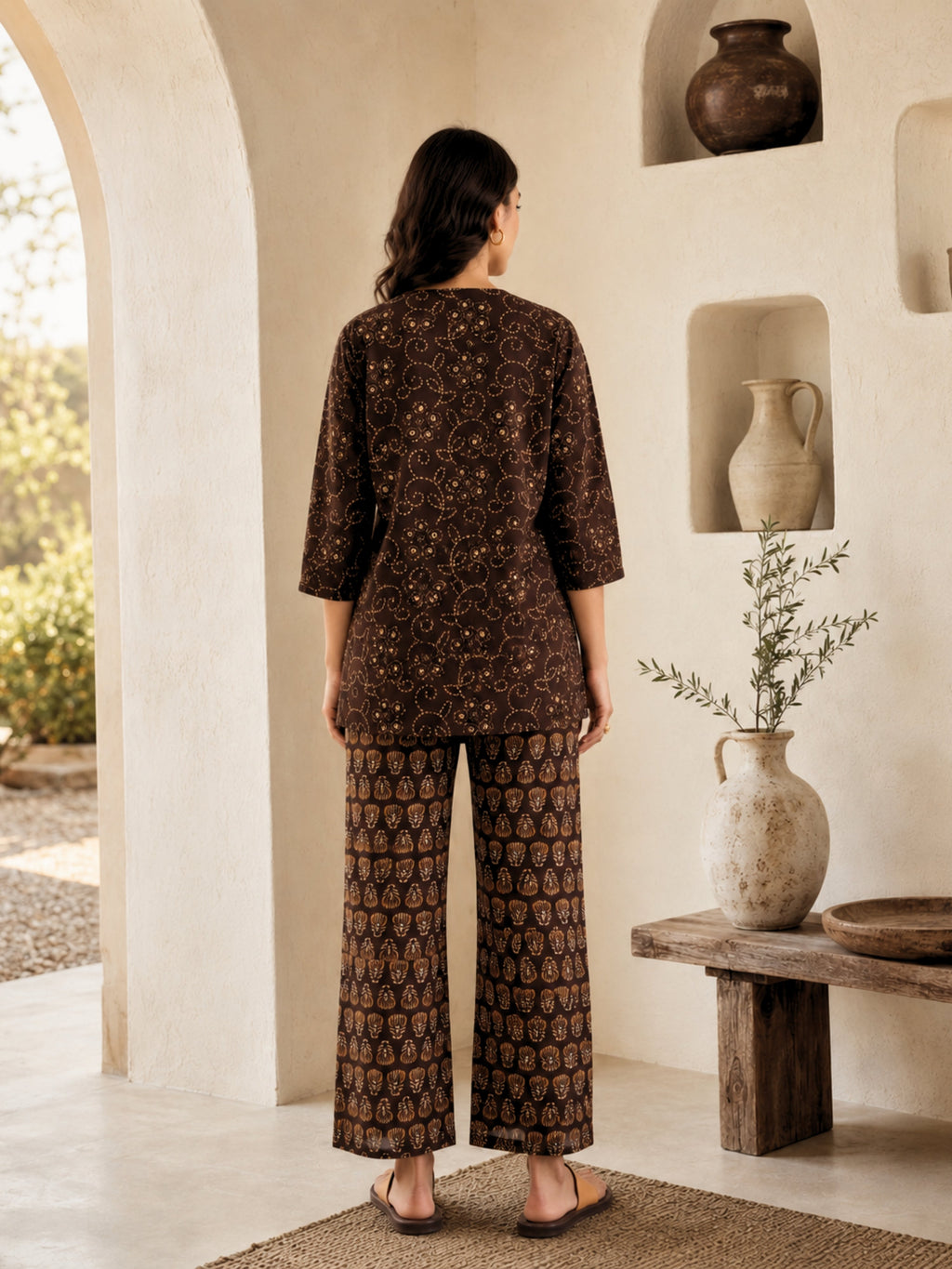 Brown Bandhani Jaal  Print Pure Cotton Round neck Co-ord set