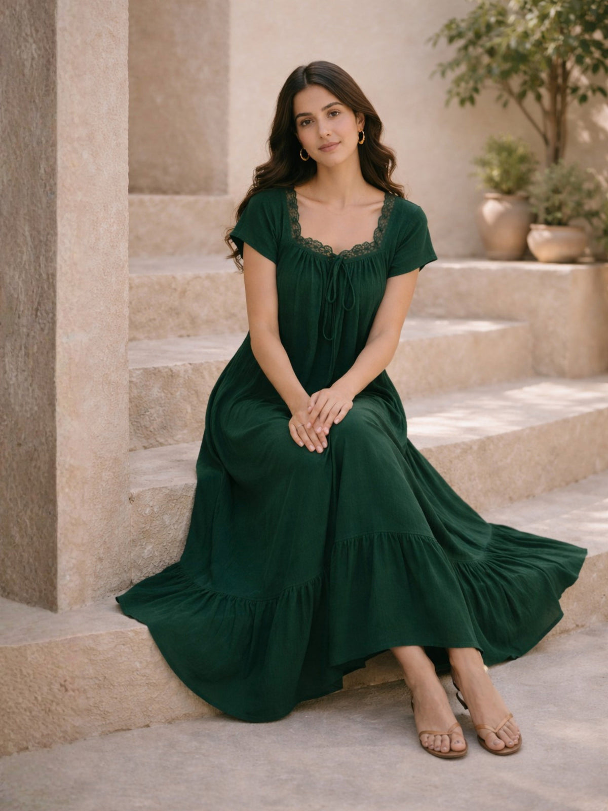 Emerald Green Flared Soft Crepe Night Maxi