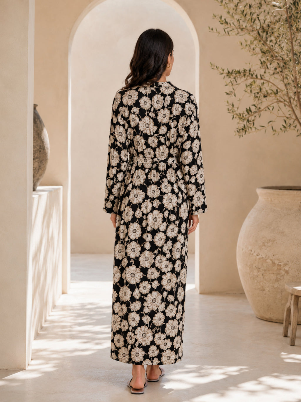 Black Blossom Pure Cotton Collar Robe for Women
