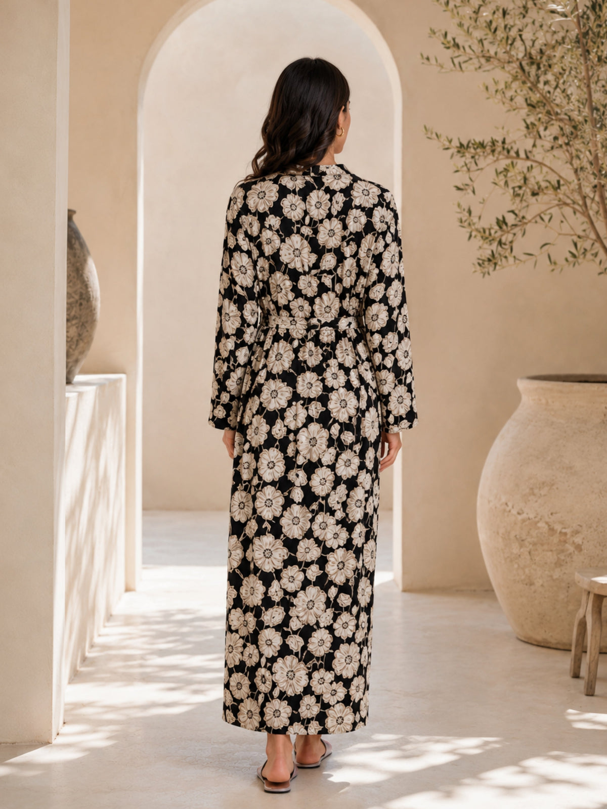 Black Blossom Pure Cotton Collar Robe for Women