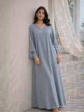 Pegion Blue Soft Crepe V-Neck Maxi
