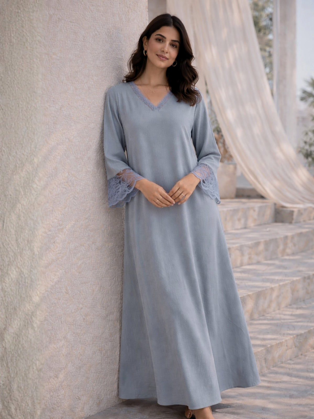 Pegion Blue Soft Crepe V-Neck Maxi
