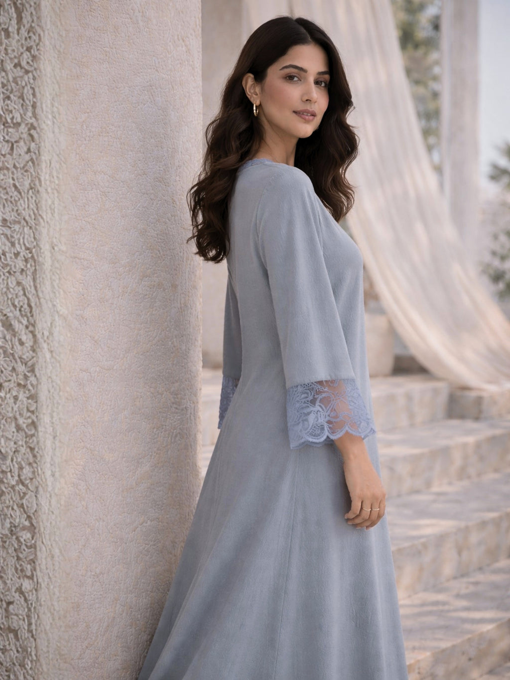 Pegion Blue Soft Crepe V-Neck Maxi