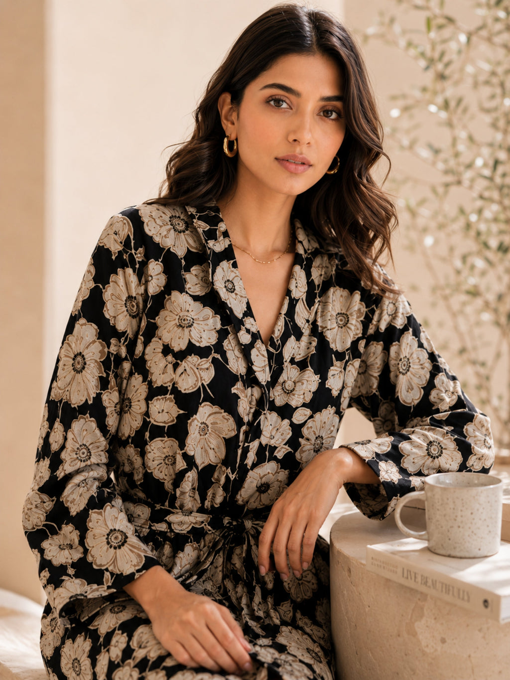 Black Serene Pure Cotton V-Neck Midi & Shrug Set for Women
