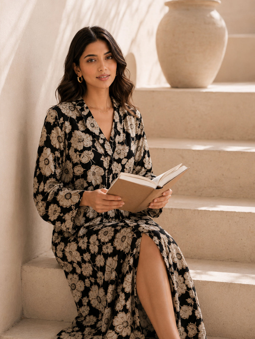 Black Blossom Pure Cotton Collar Robe for Women