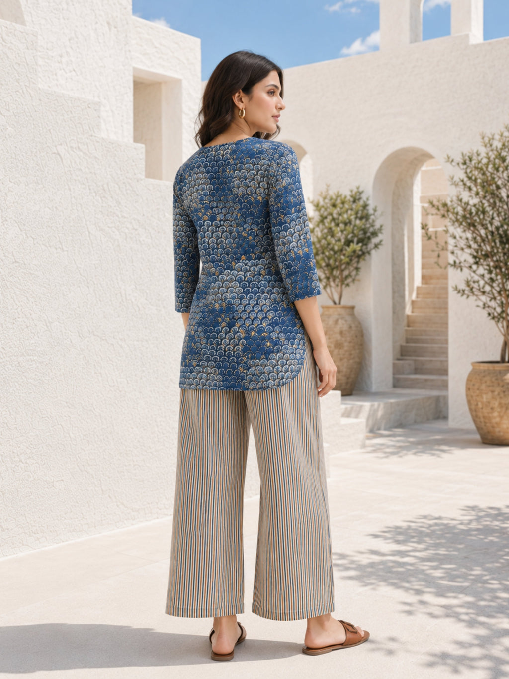 Indigo/Beige Pure Cotton Lounge Wear