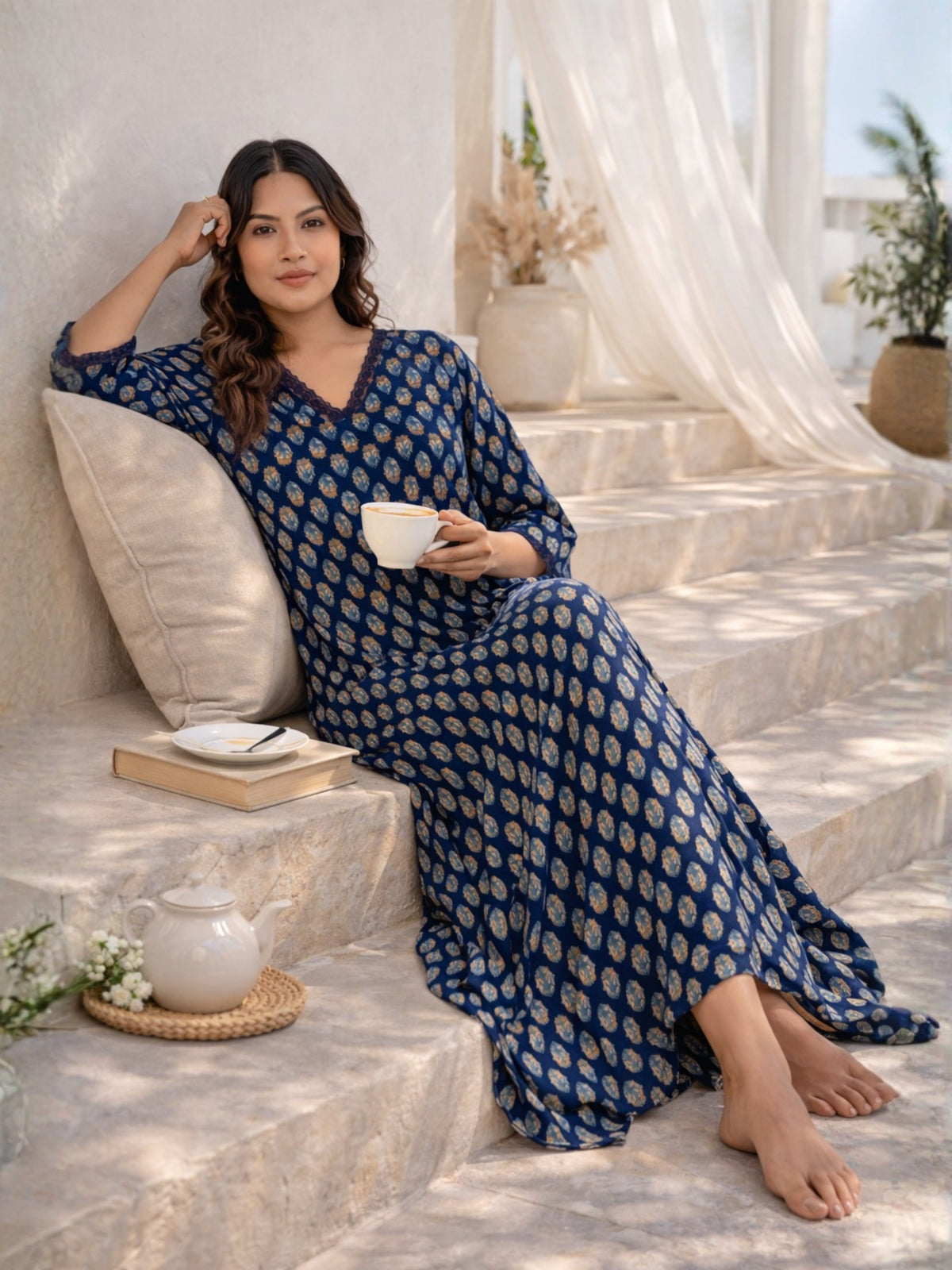 Blue Buti Pure Cotton V Neck Night Maxi