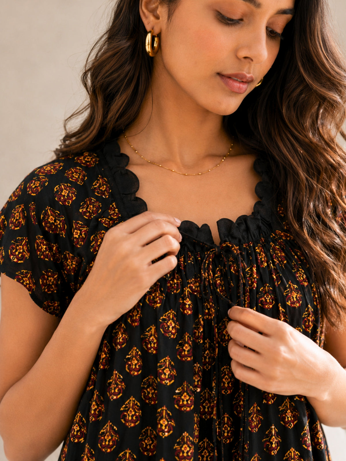 Black Buta Pure Cotton Tie-Up Square Neck Night Maxi for Women