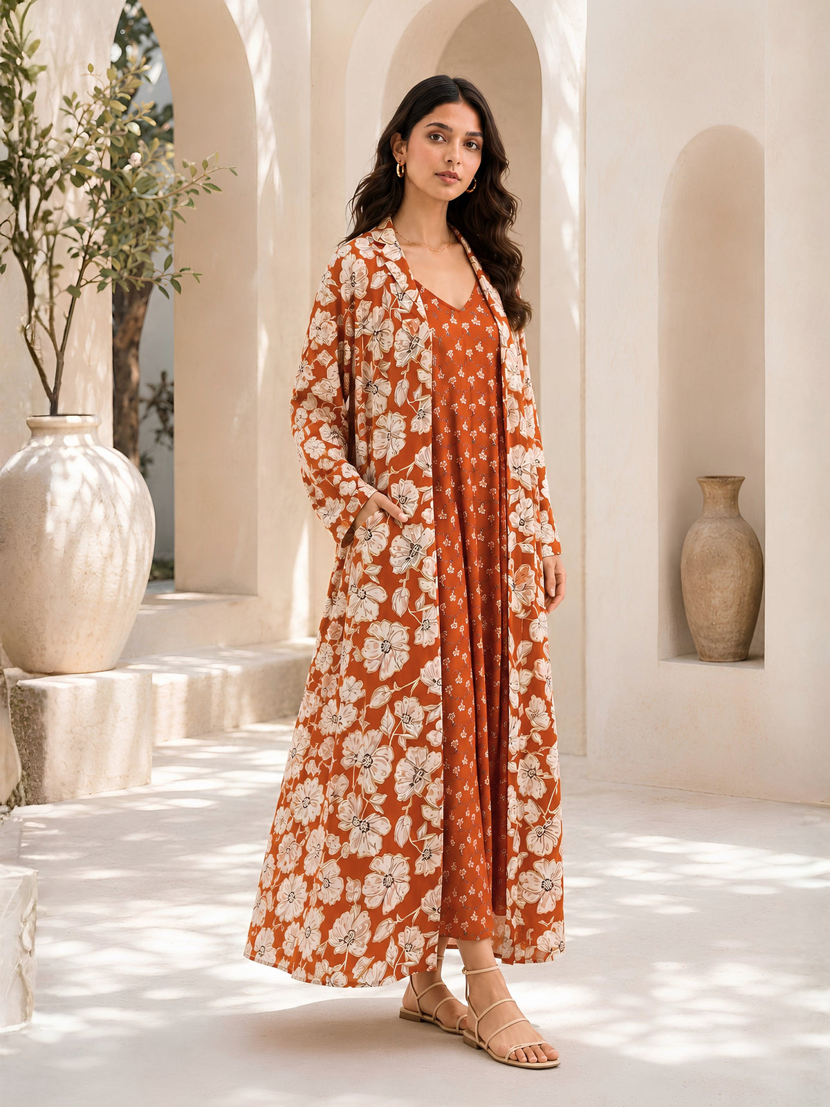 Rust Muse Pure Cotton V-Neck Midi & Shrug Set for Women