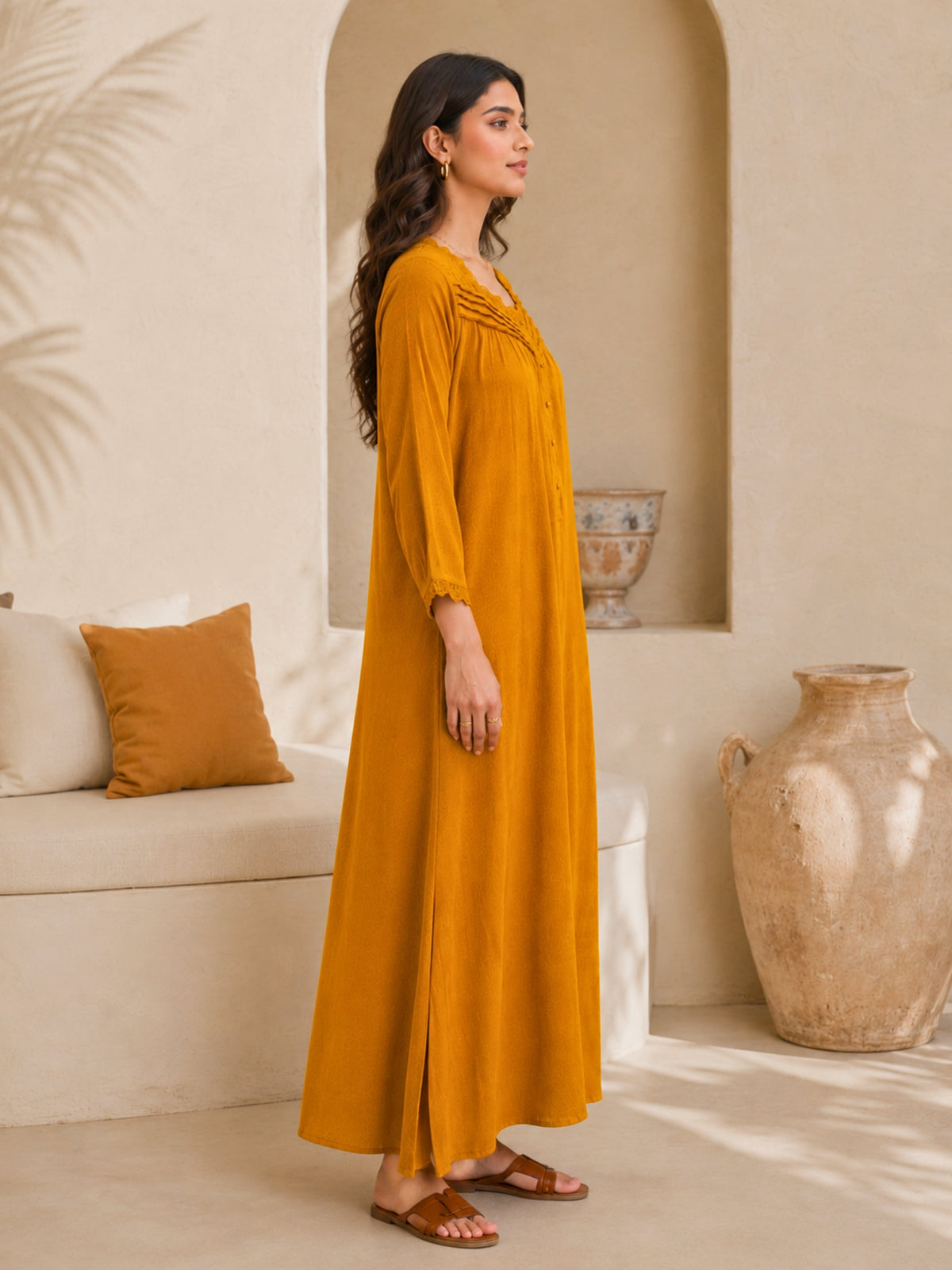 Mustard Soft Crepe Lace Yoke Night Maxi for Women