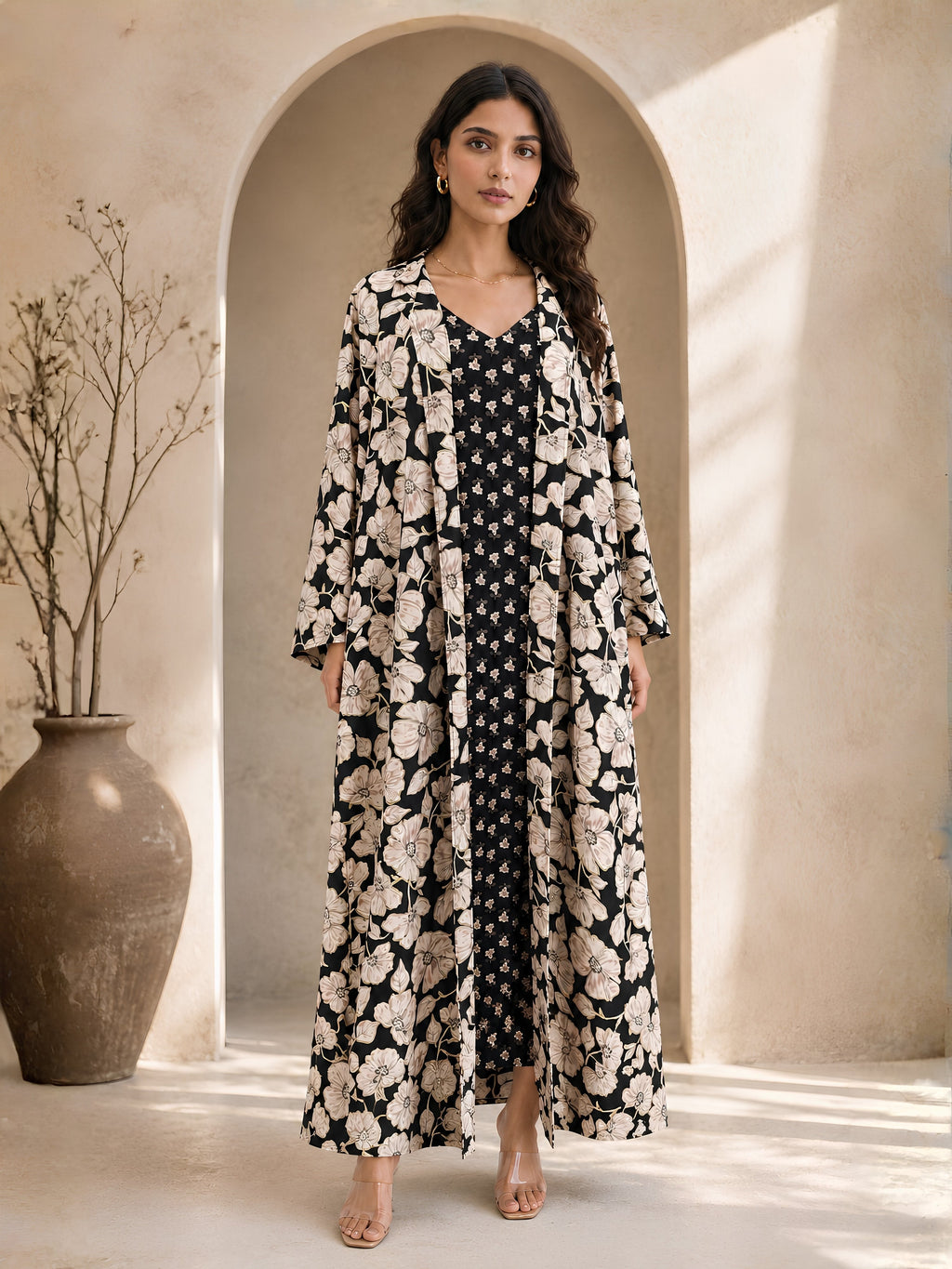 Black Serene Pure Cotton V-Neck Midi & Shrug Set for Women