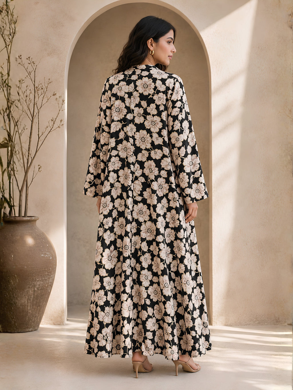 Black Serene Pure Cotton V-Neck Midi & Shrug Set for Women