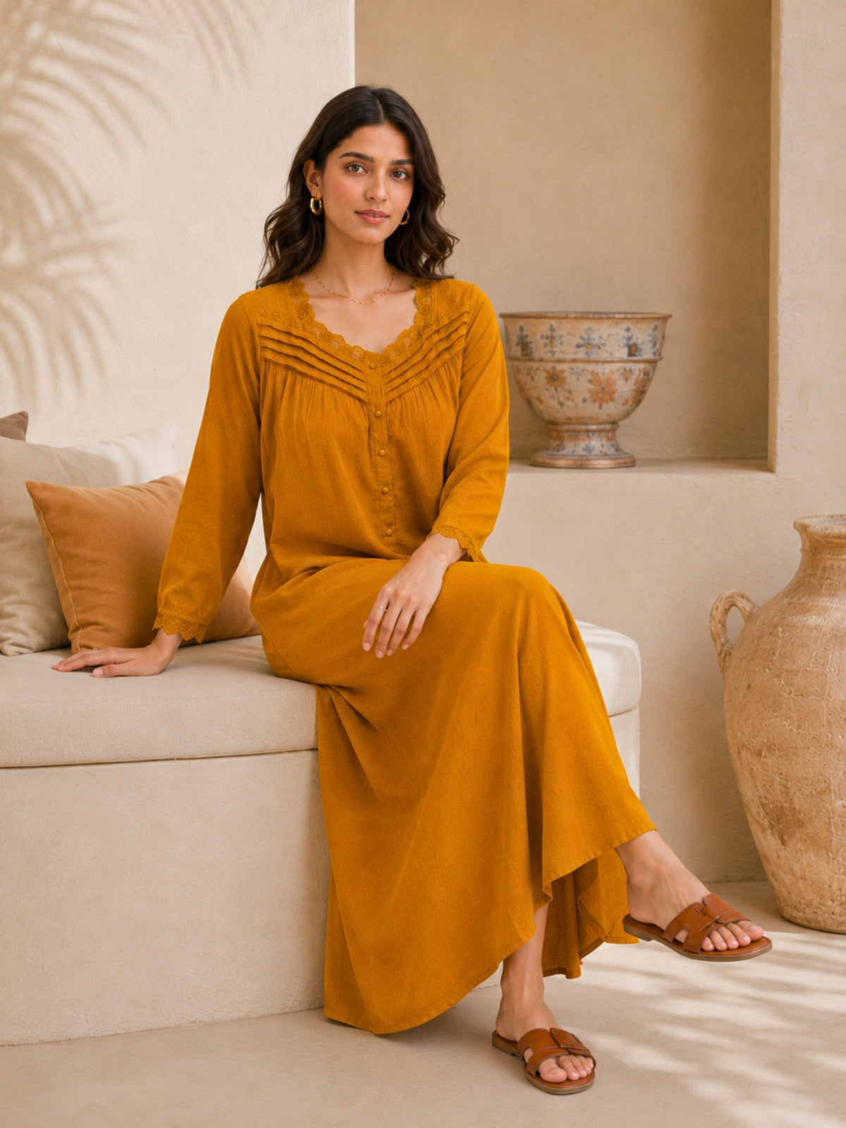 Mustard Soft Crepe Lace Yoke Night Maxi for Women