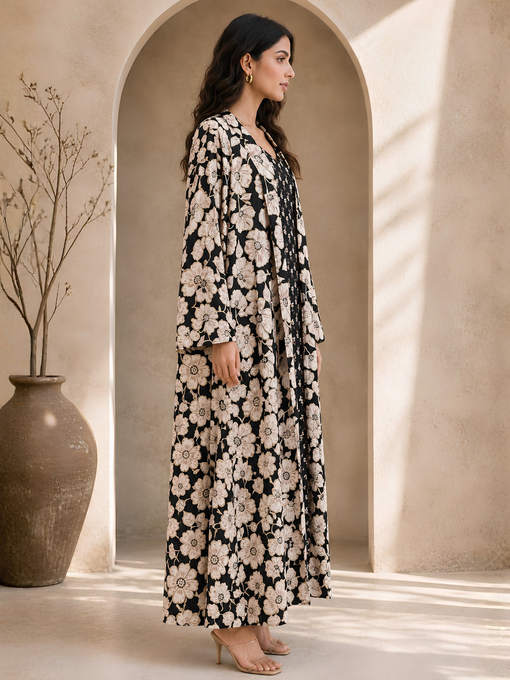 Black Serene Pure Cotton V-Neck Midi & Shrug Set for Women