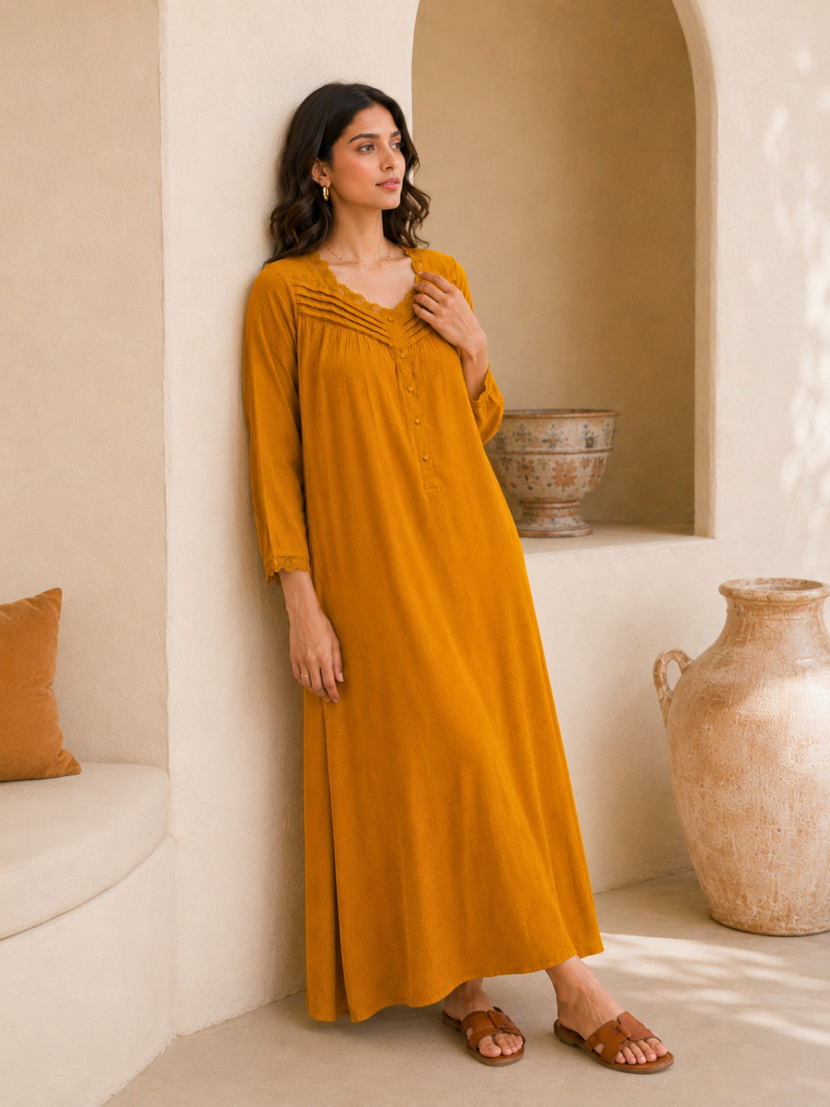 Mustard Soft Crepe Lace Yoke Night Maxi for Women