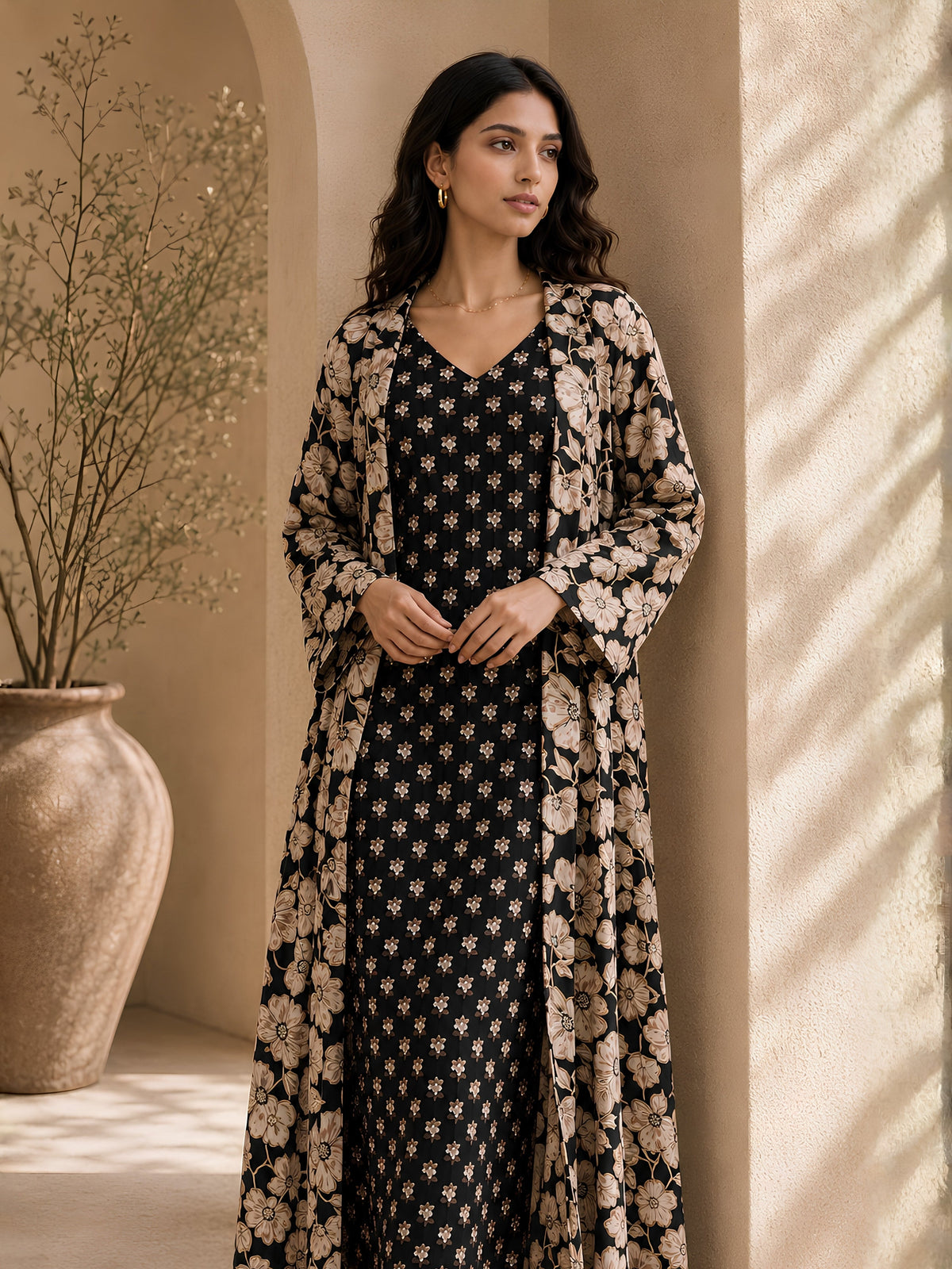 Black Serene Pure Cotton V-Neck Midi & Shrug Set for Women