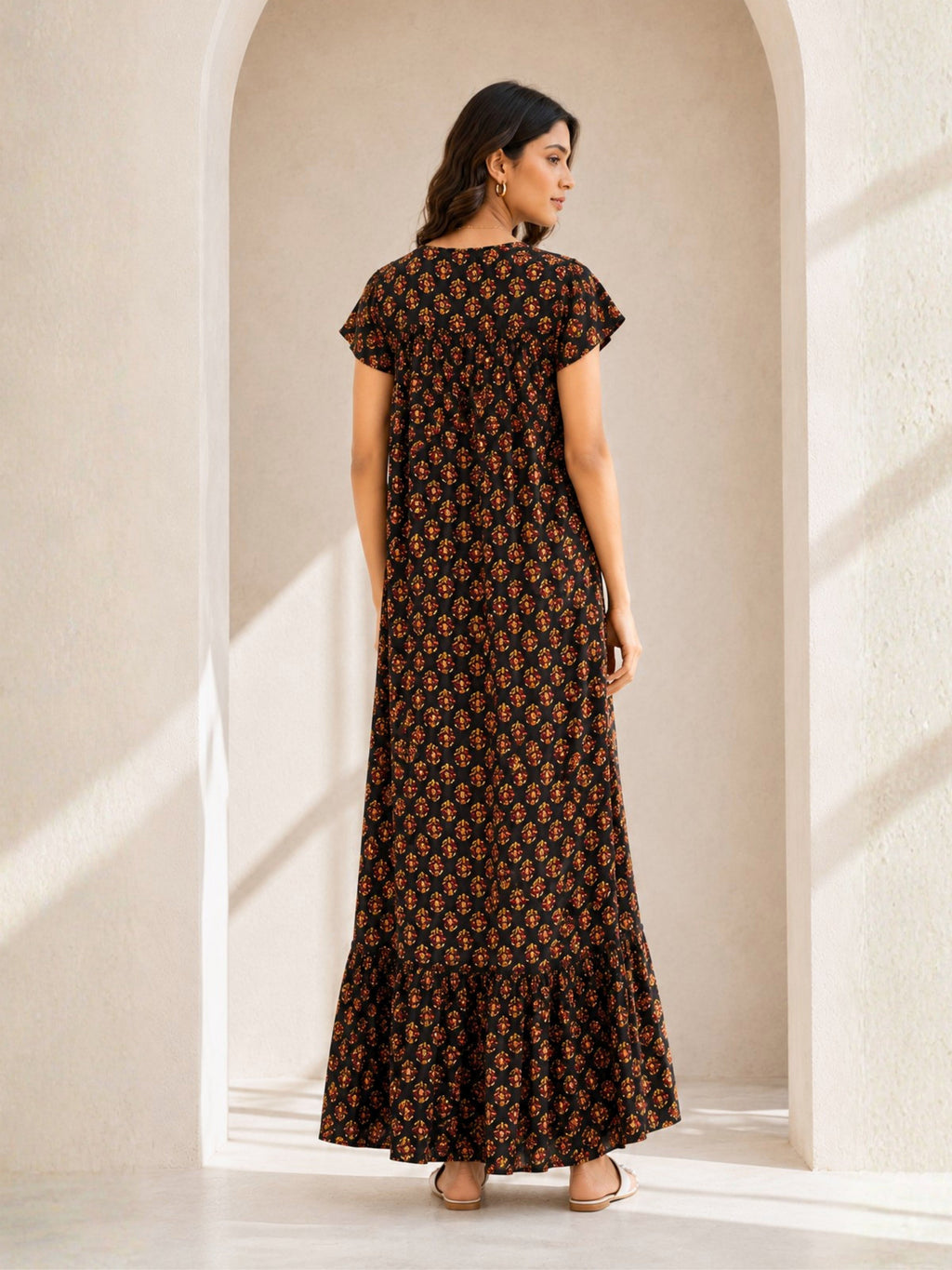 Black Buta Pure Cotton Tie-Up Square Neck Night Maxi for Women