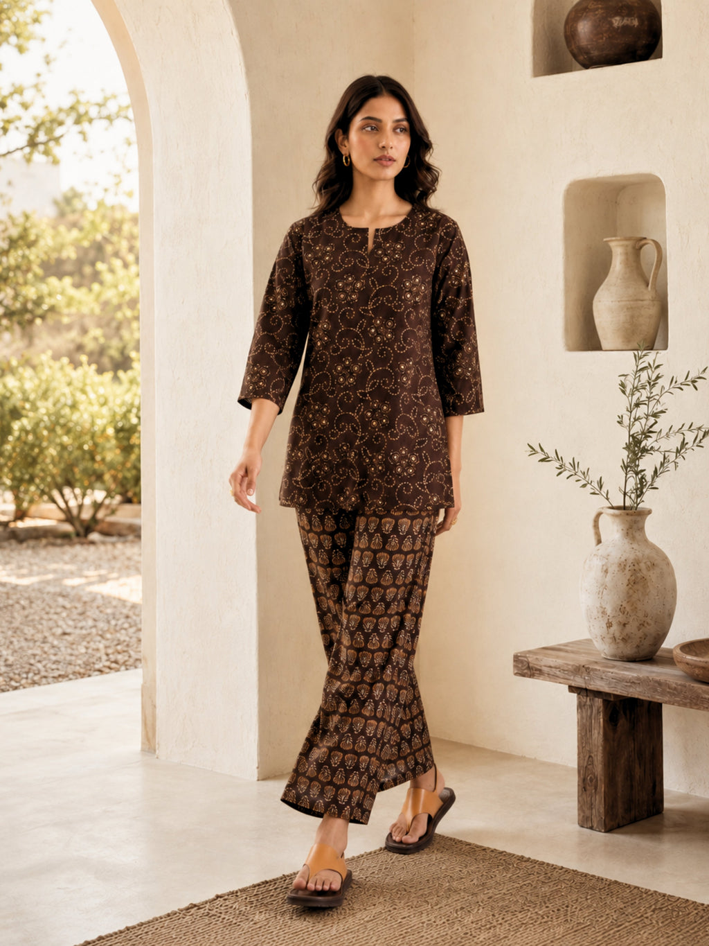 Brown Bandhani Jaal  Print Pure Cotton Round neck Co-ord set