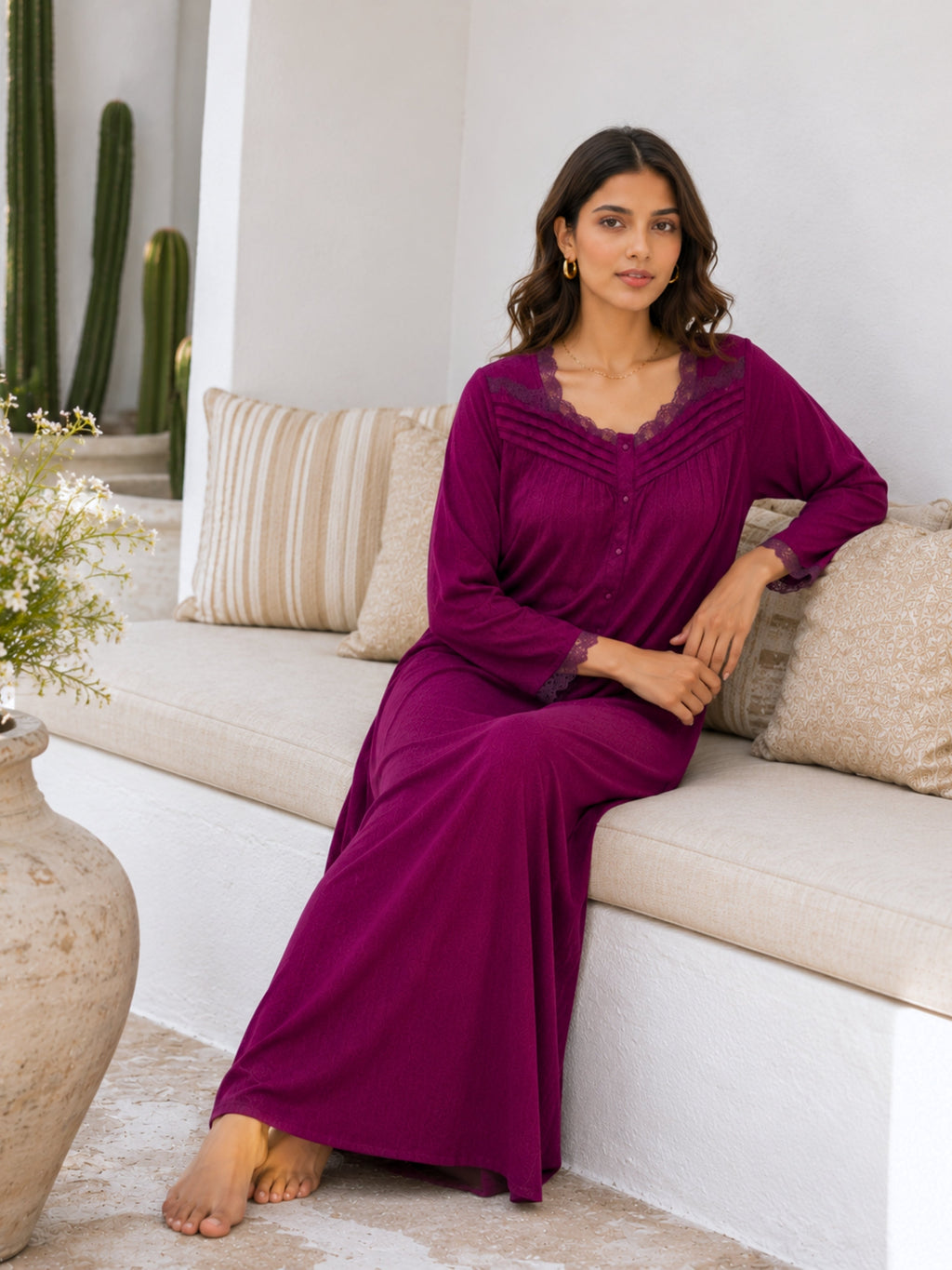 Wine Soft Crepe Button Yoke Night Maxi for Women