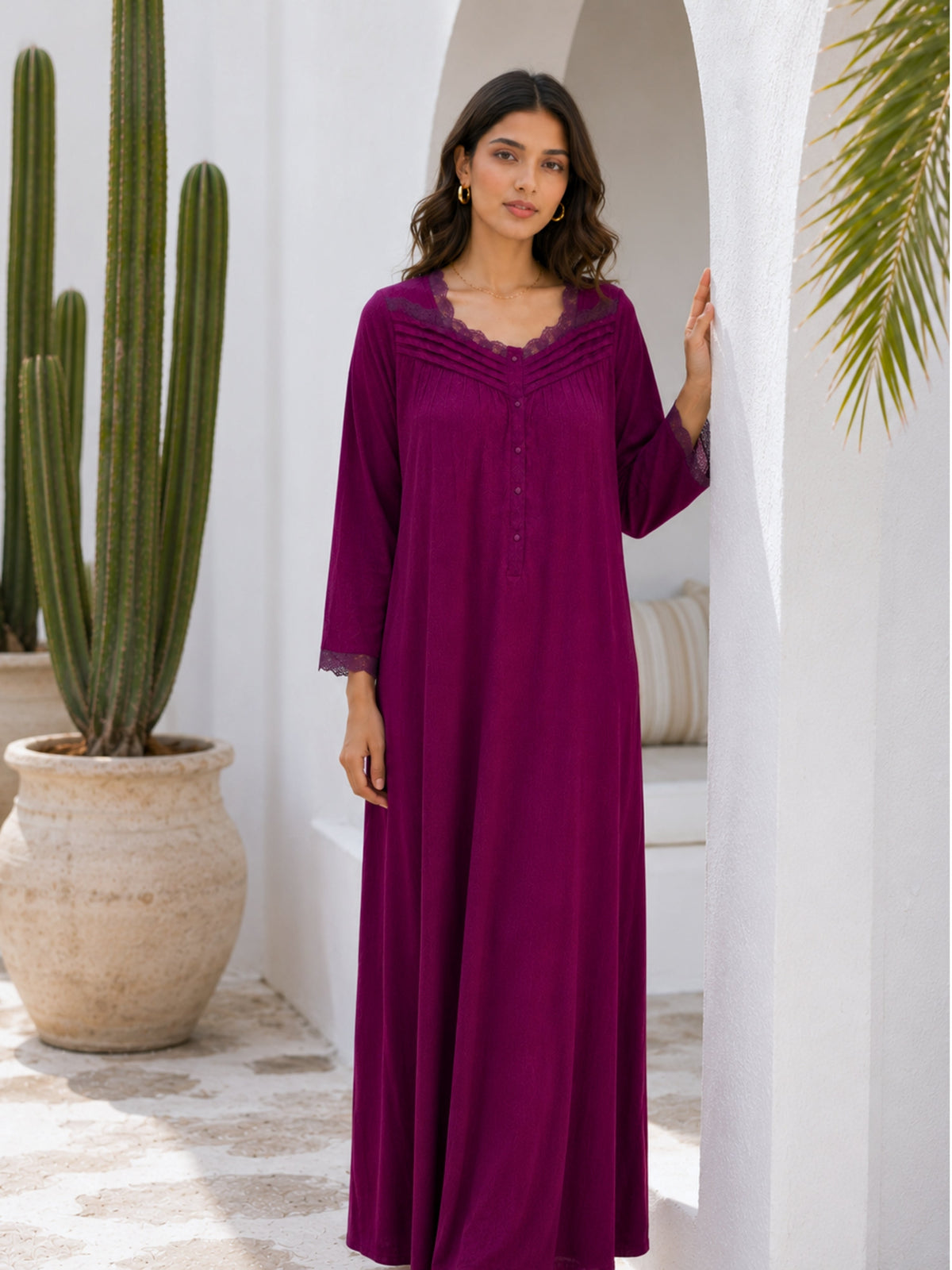 Wine Soft Crepe Button Yoke Night Maxi for Women