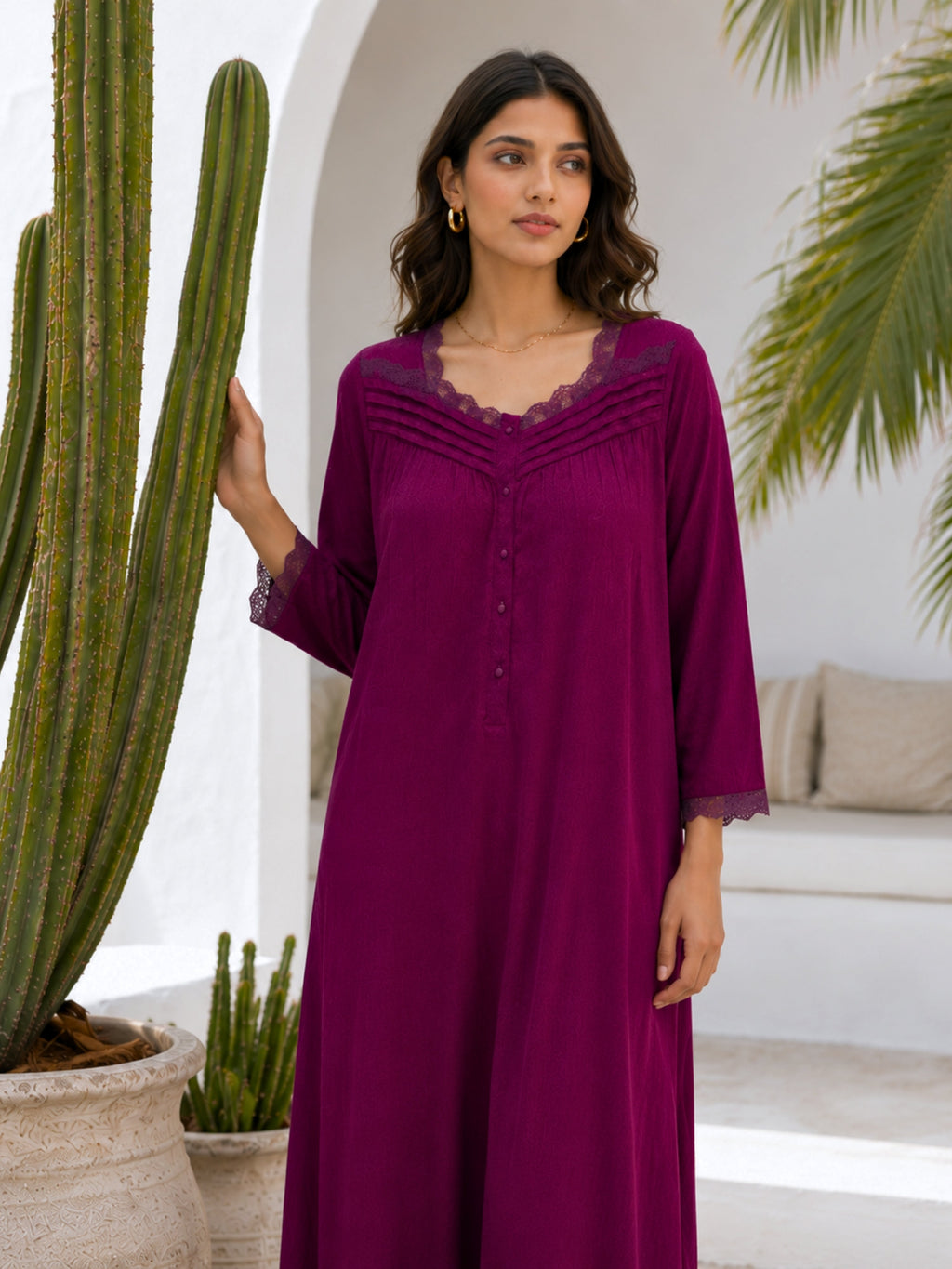 Wine Soft Crepe Button Yoke Night Maxi for Women