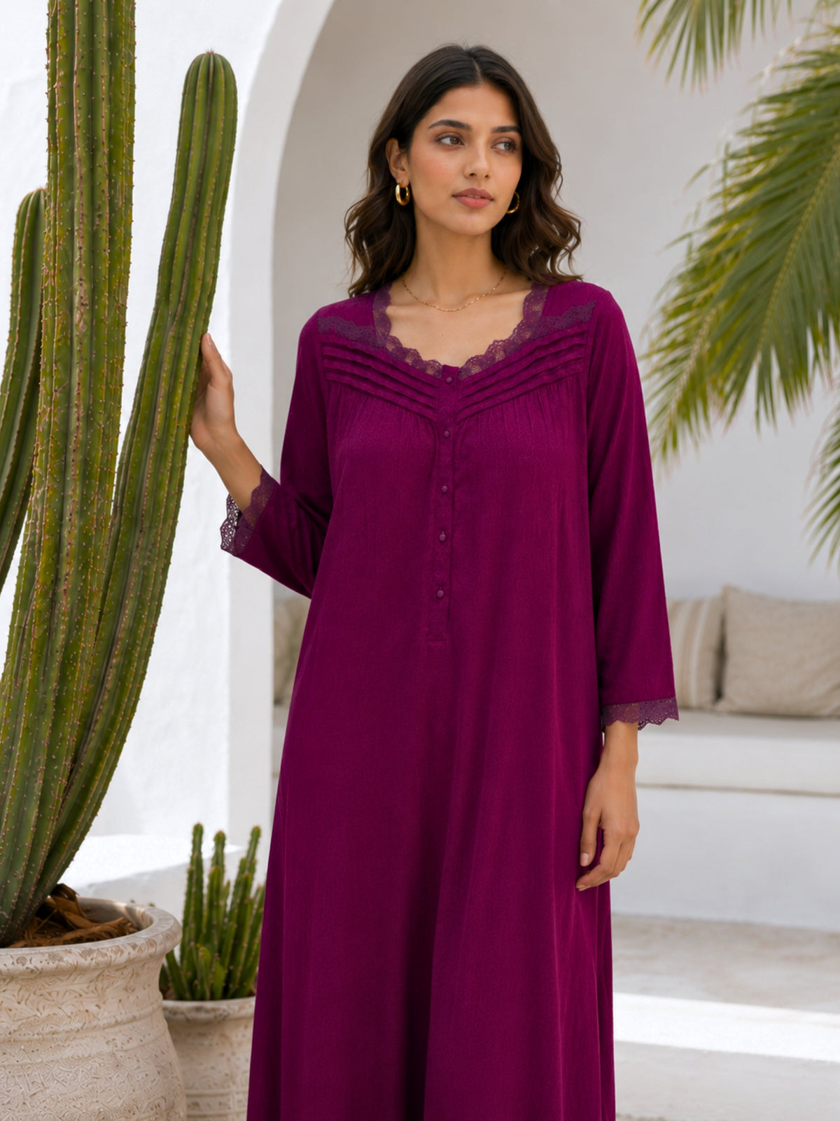 Wine Soft Crepe Button Yoke Night Maxi for Women
