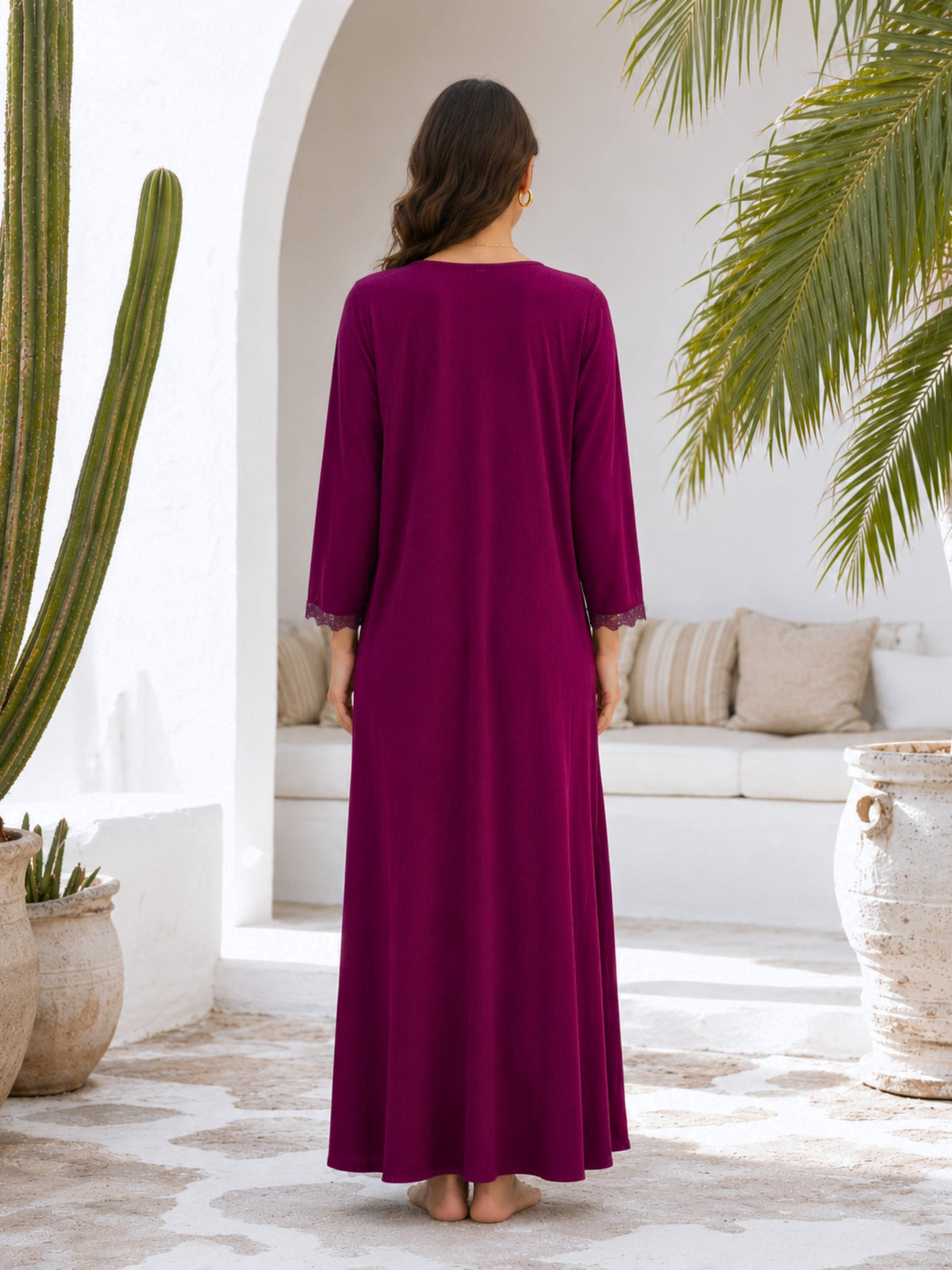 Wine Soft Crepe Button Yoke Night Maxi for Women
