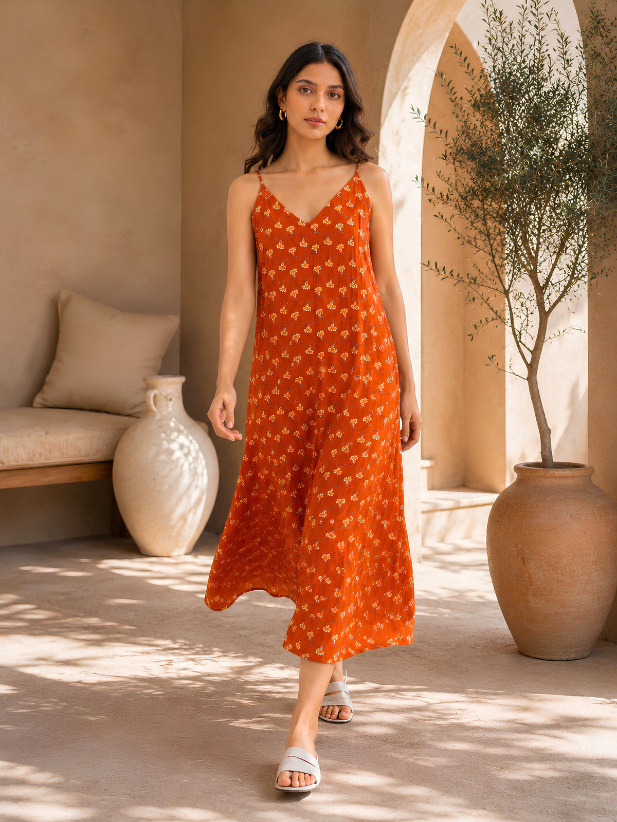 Rust Muse Pure Cotton V-Neck Midi & Shrug Set for Women