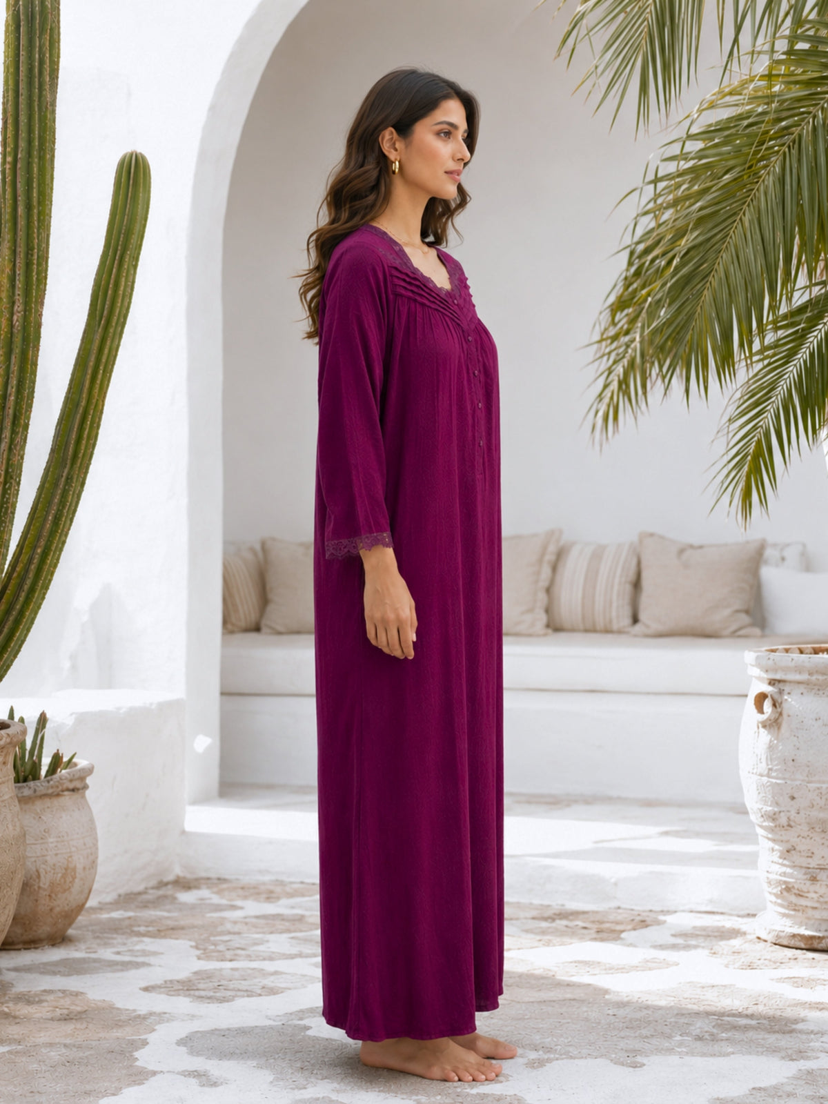 Wine Soft Crepe Button Yoke Night Maxi for Women